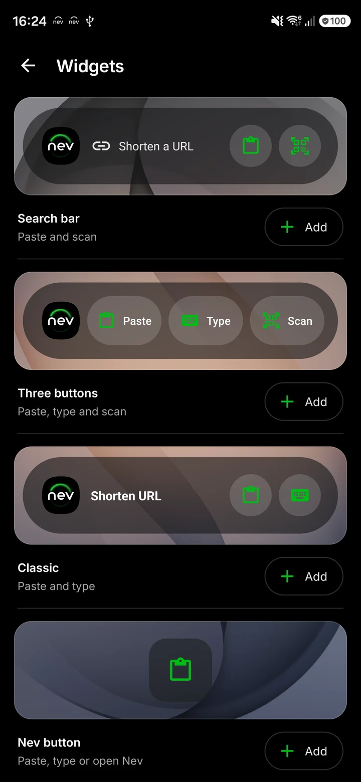 Application Nev pour Android: Liste des widgets