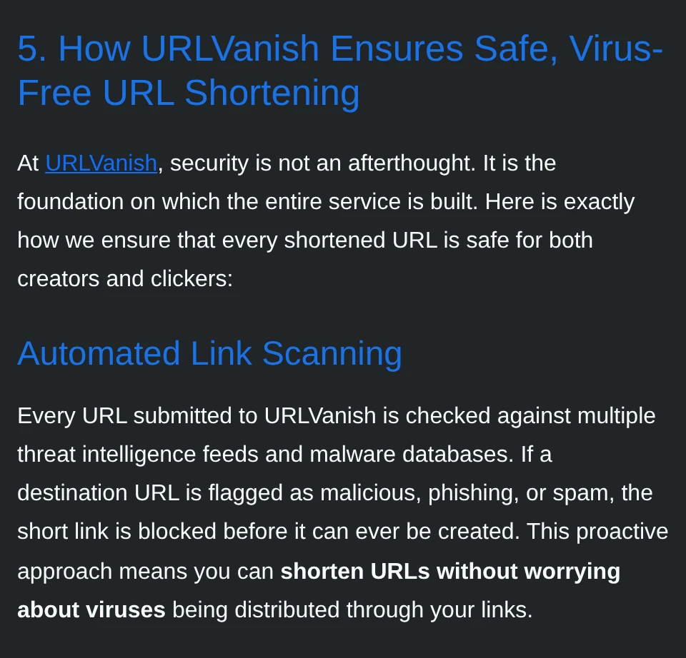 La guía de seguridad de urlvanish.com con el título «How URLVanish Ensures Safe, Virus-Free URL Shortening»